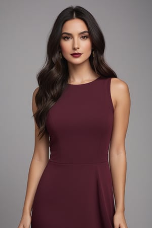 A young, olive-skinned woman with long dark hair wearing a burgundy dress against a plain background