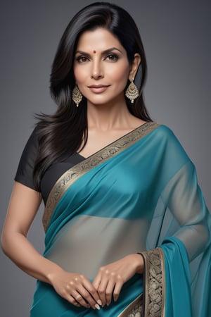 create a hyper realistic vertical photo of Indian most attractive woman in her 40s, Trendsetter wolf cut black hair, trending on artstation, portrait, digital art, modern, sleek, highly detailed, formal, determined, 36D ,  fairy tone, transparent saree,  Sandra Bullock, happy_face


