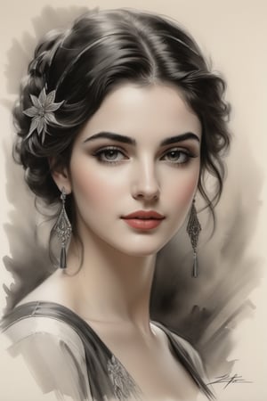 portrait of a beautiful woman from lebanon, most beautiful, Harrison Fisher, charcoal art, black charcoal
on antique paper, intricate details, ultra high quality model, masterpiece, sharp focus, depth of field, unreal engine