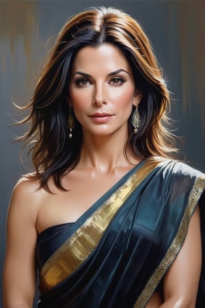 oil painting, heavy brushstrokes, paint drips, a breathtaking portrait of a Mozart, female, Sandra Bullock, Transparent Saree,  medium long fuzzy hair, perfect symmetric eyes,gorgeous face,  rich, deep colors,layered image shaded by cells, golden ratio, award winning, professional,highly detailed, intricate, volumetric lighting, gorgeous, masterpiece, sharp focus, depth of field, perfect composition, award winner, artstation, acrylic painting create a hyper realistic vertical photo of Indian most attractive woman in her 40s, Trendsetter wolf cut black hair, 
