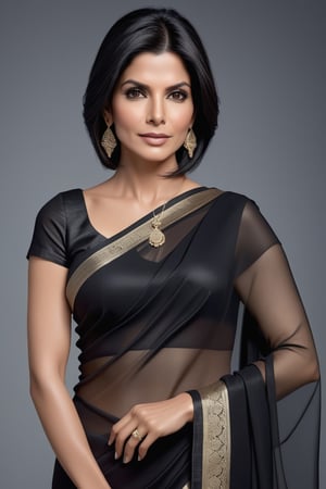 create a hyper realistic vertical photo of Indian most attractive woman in her 40s, Trendsetter wolf cut black hair, trending on artstation, portrait, digital art, modern, sleek, highly detailed, formal, determined, 36D ,  fairy tone, black transparent saree,  Sandra Bullock


