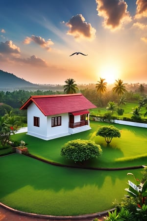 Capture the serene beauty of a 4K masterpiece: a stunning sunrise scene on a picturesque residential plot. A 1bhk constructed house stands tall amidst lush green grass, its white walls and red roof blending harmoniously with nature's canvas. Birds fly freely in the sky as the sun rises, casting warm cinematic lighting on the landscape. Vivid colors dance across the dramatic sky, where clouds take shape in a breathtaking display of realism.