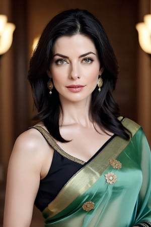 create a hyper realistic vertical photo of Caucasian most attractive woman in her 40s, Trendsetter wolf cut black hair, trending on artstation, portrait,perfect symmetric eyes, natural skin texture, hyperrealism, soft light, sharp, 8k hdr, dslr, high contrast, cinematic lighting, high quality, film grain, Fujifilm XT3, wearing saree, no blouse, in luxurious Villa, 36D , fairy tone, fair skin, flirty gaze, anne hathway