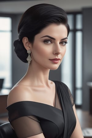 create a hyper realistic vertical photo of Labnon most attractive woman in her 40s, Trendsetter wolf cut black hair, trending on artstation, portrait, digital art, modern, sleek, highly detailed, formal, determined, wearing saree, no blouse, in luxurious office, 36D , fairy tone, fair skin, flirty gaze, anne hathway