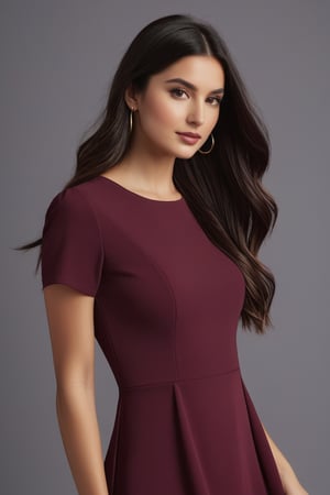 A young, olive-skinned woman with long dark hair wearing a burgundy dress against a plain background