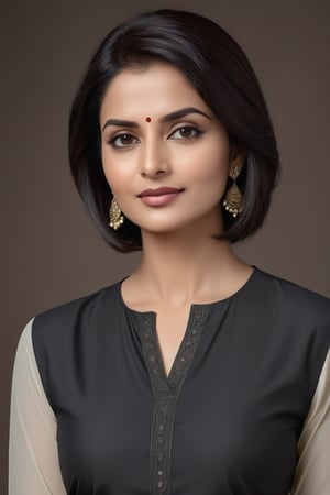 create a hyper realistic vertical photo of Indian most attractive serious woman in her 40s, in pale lite black salwar kameez, 36D, A Typical Bob hair cut, trending on artstation, portrait, digital art, modern, sleek, highly detailed, formal, determined, CEO, colorized, smooth, charming, pretty, soft smile, soft lips, black eyes