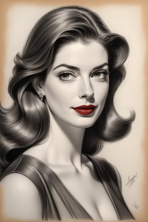 woman Anne hathway, Albert Hirschfeld, caricatcher  charcoal art, red charcoal on antique paper, intricate details, ultra high quality model, masterpiece, sharp focus, depth of field, unreal engine