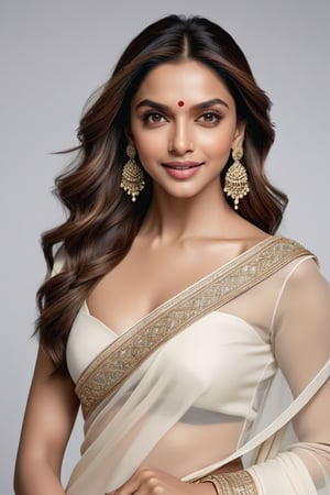 A stunning portrait of Deepika Padukone: a breathtakingly happy Indian woman posing confidently against a clean white background. Her beautiful saree drapes elegantly around her curvy figure, accentuating her 36D bust. Her perfect symmetric eyes sparkle with joy, framed by luscious lashes and set against a soft, natural skin texture. The hyperrealism is so precise that it almost feels three-dimensional. Soft light wraps around her face, highlighting the contours of her features. Shot in 8K HDR on a DSLR camera, the high-contrast image boasts cinematic lighting with subtle film grain, reminiscent of Fujifilm XT3's signature aesthetic.