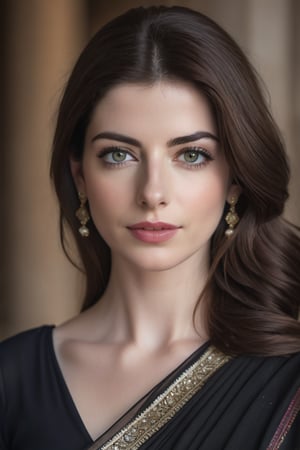 a breathtakingly beautiful caucasian woman Anne hathway from Lebanon, wearing a dark saree, perfect symmetric eyes, natural skin texture, hyperrealism, soft light, sharp, 8k hdr, dslr, high contrast, cinematic lighting, high quality, film grain, Fujifilm XT3