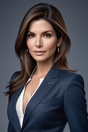 create a hyper realistic vertical photo of Indian most attractive woman in her 40s, ight brown hair, trending on artstation, portrait, digital art, modern, sleek, highly detailed, formal, determined, blue business suit, 36D ,  fairy tone, sandra bullock
