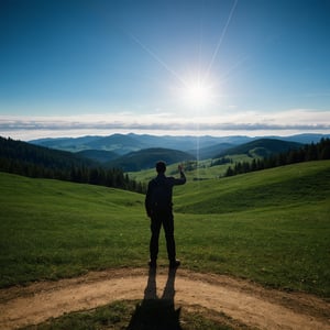 A contemplative figure stands amidst the serene landscape of rolling hills and a brilliant blue sky. The individual's face radiates with a deep sense of introspection, as they gaze thoughtfully into the distance while cradling a meticulously crafted scale model in their hands. In the air above, a swarm of tiny nanobots dance and flutter, their iridescent bodies glinting softly in the sunlight, adding an otherworldly layer to this poignant scene.