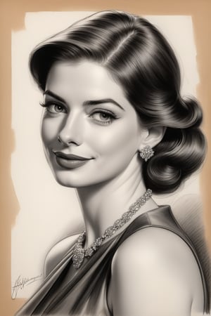 woman Anne hathway, Albert Hirschfeld, caricatcher  charcoal art, red charcoal on antique paper, intricate details, ultra high quality model, masterpiece, sharp focus, depth of field, unreal engine