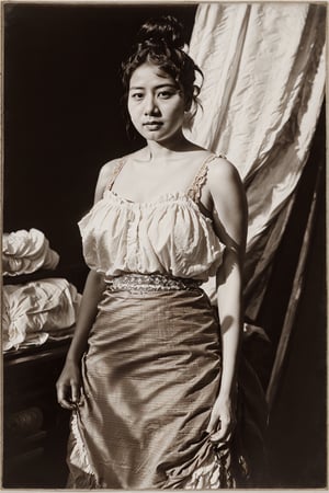 ((Busty voluptuous thick large well-endowed feminine soft beautiful pale white Chinese woman)), (((Black and white,  old faded Albumen photos,  old-fashioned,  old,  vintage,  late 19th century,  1880s 1890s photograph))),  ((late 19th century early 20th century,  late 1800s early 1900s,  cotton textile fabric silk factory,  industrial production,  assembly line)),  (((simple tight hairbun))),  ((self-combed zishunü women)),  ((high contrast lighting)),  (dark shadowy shady nighttime),  rosy blush,  black and white,  asian girl, ((Wearing a white shirt and beige skirt standing working)), high definition, complex_background,asian girl,aesthetic portrait, epic details 8k, super high quality,perfecteyes,Detailedface,DonM4lbum1n,Detailedeyes