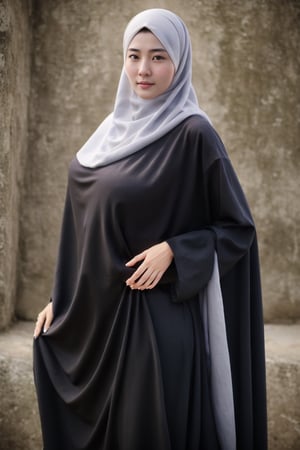 wearing hijab, baggy loose-fitting large burqa, abaya, fully_clothed, fully_dressed, detailed skin texture, front view, ((white_skin)), pale_skin, beautiful woman thick thicc Uyghur Chinese lady, age 21, 21 years old, vagina pussy, stoic, big_breasts, saggy breasts, huge_breasts, toned_belly, slender slim lean belly stomach, big_thighs, curvy, big_areolae, erect_nipples, shiny_skin, navel, braided hairbun, hyperdetailed photography, cover,photorealistic