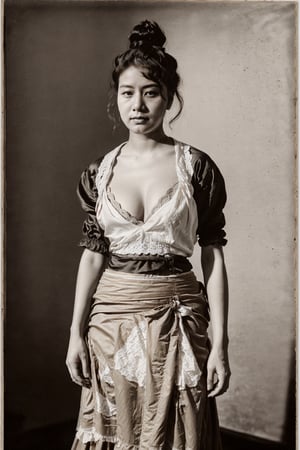 ((Busty voluptuous thick large well-endowed feminine soft beautiful pale white Chinese woman)), (((Black and white,  old faded Albumen photos,  old-fashioned,  old,  vintage,  late 19th century,  1880s 1890s photograph))),  ((late 19th century early 20th century,  late 1800s early 1900s,  cotton textile fabric silk factory,  industrial production,  assembly line)), ((Exposed cleavage, Pulling open shirt down the middle, Unbuttoned, Bare chest and stomach, Undressing)), (((simple tight hairbun))),  ((self-combed zishunü women)),  ((high contrast lighting)),  (dark shadowy shady nighttime),  rosy blush,  black and white,  asian girl, ((Wearing a white shirt and beige skirt standing working)), high definition, complex_background,asian girl,aesthetic portrait, epic details 8k, super high quality,perfecteyes,Detailedface,DonM4lbum1n,Detailedeyes