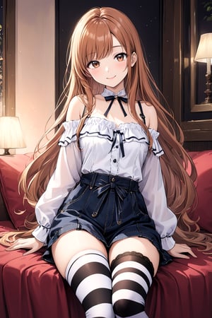 A detailed masterpiece featuring a seductive character with long hair and makeup, set in lingerie with immersive lighting. The character, Minako Sanada, gazes at the viewer with a subtle smile. The illustration includes specific elements like an off-shoulder design, thigh highs with striped stockings, and asymmetrical legwear. The background suggests a colorful, cozy setting, enhancing the overall aesthetic.,sanada,score_9, score_8_up