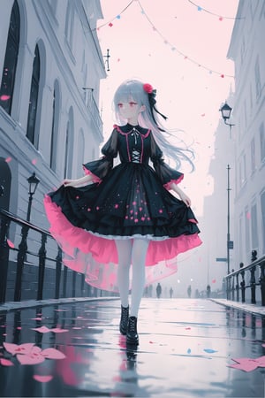 (masterpiece), (best quality), illustration, ultra detailed, hdr, Depth of field, (colorful),[wlop],[[sheya]],hiten_(hitenkei),loli, blush, 1girl, long hair, flowing, hair, grey hair, black dress, layered dress, frilled dress, see-through, hair flower, hair ribbon, translucent dress, white pantyhose, wide shot, cross-laced footwear, gothic lolita, lolita fashion, star, lace, wide sleeves, note, text, masterpiece, best quality, pink theme, cd cover, text, doll