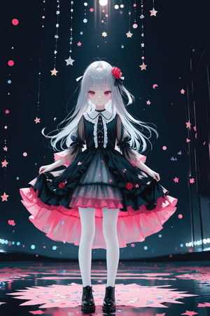 (masterpiece), (best quality), illustration, ultra detailed, hdr, Depth of field, (colorful),[wlop],[[sheya]],hiten_(hitenkei),loli, blush, 1girl, long hair, flowing, hair, grey hair, black dress, layered dress, frilled dress, see-through, hair flower, hair ribbon, translucent dress, white pantyhose, wide shot, cross-laced footwear, gothic lolita, lolita fashion, star, lace, wide sleeves, note, text, masterpiece, best quality, pink theme, cd cover, text, doll