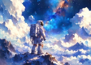 //quality, (masterpiece:1.3), (detailed), ((,best quality,)),//,landscape,scenery,(outer_space:1.4),(above the clouds:1.4),in space, galaxy,light_particles, milky way,watercolor \(medium\), tiny astronaut standing on mountain