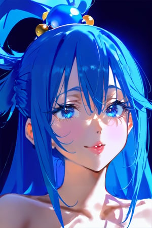 (masterpiece), best quality, solo, 1girl, blue_eyes, looking_at_viewer, eyelashes,upper_body, lips, makeup,aqua,Aqua,Aqua_(Konosuba),AQUA \(KONOSUBA\), blue hair ,dark background,LONG HAIR, HAIR ORNAMENT, VERY LONG HAIR, HAIR RINGS, SINGLE HAIR RING, HAIR BOBBLES,