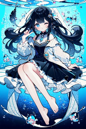 (masterpiece, best quality, highres:1.3), ultra resolution image, (1girl), (solo), kawaii, black hair, long hair, black dress, under water, sea, deep blue, bubbles, fishes, vivid color, colorful, beautiful light, eyes closed, full body, barefoot, dreamy