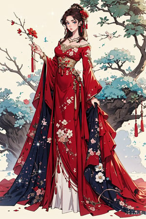 1girl, solo, long hair, brown hair, black hair, hair ornament, long sleeves, dress, holding, jewelry, standing, full body, flower, earrings, hair flower, necklace, sparkle, chinese clothes, red dress, tassel, branch,ancient_beautiful