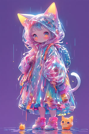 A whimsical masterpiece of a kawaii scene: a petite, big-eyed girl with adorable cat ears and a sweet smile, many cat around her, dressed in a cozy outfit, sits on the floor amidst a colorful array of scattered items from her overflowing ransel bag, as if she's about to start an adventure.,ExStyle