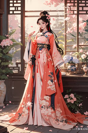 1girl, solo, long hair, black hair, hair ornament, long sleeves, dress, jewelry, standing, full body, flower, earrings, indoors, hand up, hair flower, wide sleeves, petals, window, sparkle, chinese clothes, pink dress, falling petals,ancient_beautiful