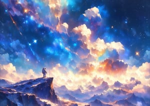 //quality, (masterpiece:1.3), (detailed), ((,best quality,)),//,landscape,scenery,(outer_space:1.4),(above the clouds:1.4),in space, galaxy,light_particles, milky way,watercolor \(medium\), tiny astronaut standing on mountain