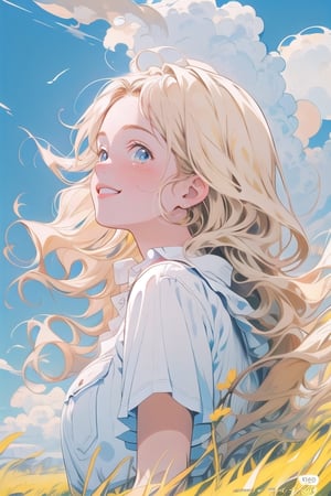 gril, blue sky, white cloud, yellow hair, smile