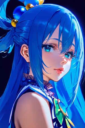 (masterpiece), best quality, solo, 1girl, blue_eyes, looking_at_viewer, eyelashes,upper_body, lips, makeup,aqua,Aqua,Aqua_(Konosuba),AQUA \(KONOSUBA\), blue hair ,dark background,LONG HAIR, HAIR ORNAMENT, VERY LONG HAIR, HAIR RINGS, SINGLE HAIR RING, HAIR BOBBLES,