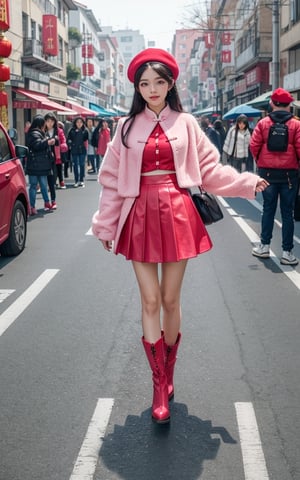 masterpiece,  best quality,  perfect lighting, 1girl, long black hair,  pink beret hat, red clothes, pink skirt, boots, Chinese New Year streets, happy, warm themes, front, ((full body photo)), background people, depth of field
