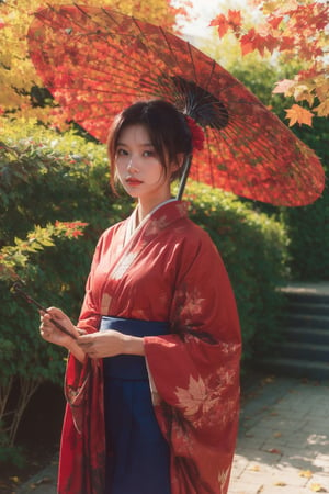 1girl, solo, looking at viewer, brown hair, holding, standing, outdoors, japanese clothes, red kimono, tree, red leaf, umbrella, holding umbrella, branch, blue kimono, oil-paper umbrella, autumn red color leaves , red theme 
