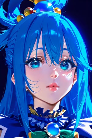 (masterpiece), best quality, solo, 1girl, blue_eyes, looking_at_viewer, eyelashes,upper_body, lips, makeup,aqua,Aqua,Aqua_(Konosuba),AQUA \(KONOSUBA\), blue hair ,dark background,LONG HAIR, HAIR ORNAMENT, VERY LONG HAIR, HAIR RINGS, SINGLE HAIR RING, HAIR BOBBLES,