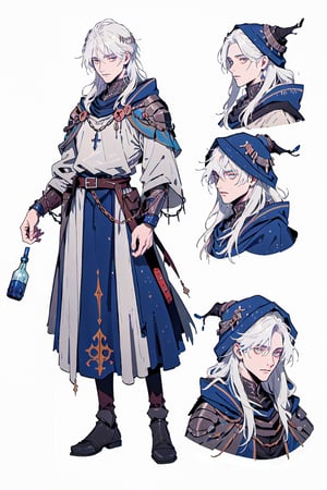 masterpiece, best quality, extremely detailed face, evil medieval alchemist, wearing medieval steel gauntlet, wearing dark blue robes with magical enchantments, dark blue hood that covers some of his hair, wearing chains, a belt with potion bottles, 20 years old handsome male, blue potion bottles, evil, white hair, long hair, white hair, (CharacterSheet:1), (multiple views, full body, upper body, reference sheet:1), back view, front view, (white background, simple background:1.2), ,1guy, masculine,