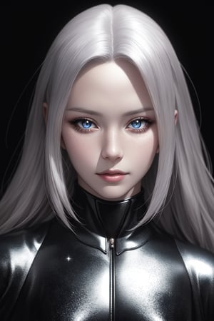 the digital artist is wearing white, in the style of metal compositions,art by artgerm, sci-fi anime, grid, photo-realistic, glitter, goblincore, silver,artgerm