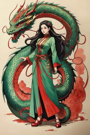 dragon-themed, dragon scale, mesmerizing watercolor paint,  detailed full body woman dressed, comic style,