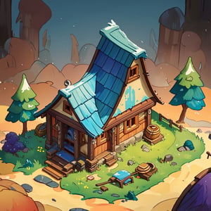 masterpiece,(best quality:1.3),beautiful lightning, vibrant colour, ((isometric view)),  little village, Wooden house in the forest, crude watercolour painting,  big brushstrokes, 6 colours, cartoon, Isometric_Setting, house cover, 欧美卡通,Isometric_Setting