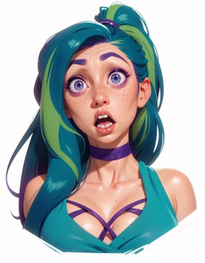 1girl portrait,(shock facial expression:1.4), retro style,  visualizer,  cleavage cutout,  (caucasian skin),  high detail,  picture perfect face,  blush,  freckled,  swedish girl,  realistic blue eyes_heterochromia purple right eye,  straight_hair,  very_long_hair,  deepblue hair with a green streak in the front_hair,  high ponytail hairstyle,   perfect makeup,  sensual facial expression,  colorfull nails,
