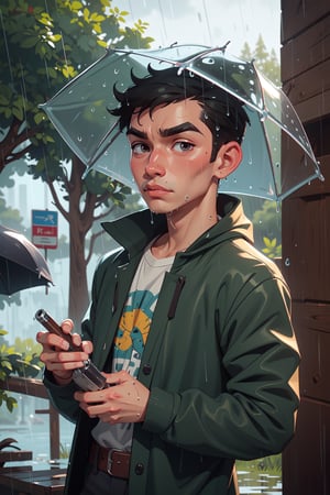 Masterpiece, High quality, a Twink, thick eyebrows, solo, male focus,  (rain:1.2),  wet clothes, blush, outdoors scenery, intricately detailed, looking at viewer, cowboy shot.