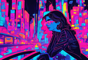 Woman inside a tax, bored.  driving through a neon light lid city, night scene