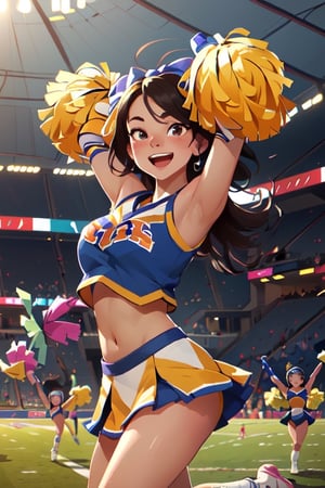 ((masterpiece)), illustrations, (solo:1.2), (original), (very detailed wallpaper), photographic reality, very detailed illustrations, (super-complex detail), (energetic expression:1.2), (dynamic pose:1.1), (female cheerleader:1.5), (cheerleading uniform:1.3), (stadium setting:1.2), (pom-poms:1.4), (team colors), (spirited performance), (excited crowd), (football game), (athletic agility), (high school spirit), (enthusiastic support), (team mascot), (cheerleading squad), (elaborate stunts), (synchronized dance moves), (upbeat music), (halftime show), (victory celebration), (school pride), (teamwork), (dedication), (rival teams), (loud cheers), (banner), (encouraging chants), (soaring spirit), (field lights), (team logo), (championship game), (hard work), (school tradition), (high energy), (flexibility), (smiling face), (game day), (winning spirit), (marching band), (detailed textures), (fine brush strokes)
