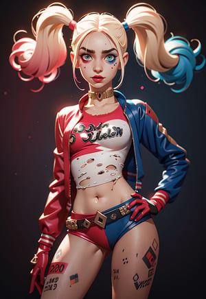 masterpiece, best quality, (extremely detailed CG unity 8k wallpaper, masterpiece, best quality, ultra-detailed, best shadow), (detailed background), (beautiful detailed face, beautiful detailed eyes), High contrast, (best illumination, an extremely delicate and beautiful), pikkyharleyquinn, 1girl, solo, looking at viewer, blonde hair, multicolored hair, blue hair, pink hair, twintails, long hair, bangs, blue eyes, green eyes, breasts, small breasts, red lips, choker, shorts, pantyhose, jacket, makeup, midriff, navel, lipstick, belt, shirt, tattoo, jersey, t-shirt, torn clothes, crop top, multicolored clothes, torn pantyhose, multicolored jacket, short shorts, nail polish, 
lora:HarleyQuinn:0.8
,Harley