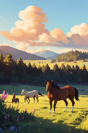 a ranch with horses, beautiful detailed horses, beautiful detailed ranch, detailed landscape, rolling hills, meadows, trees, blue sky, fluffy clouds, warm lighting, golden hour, vibrant colors, (best quality,4k,8k,highres,masterpiece:1.2),ultra-detailed,(realistic,photorealistic,photo-realistic:1.37),highly detailed, cinematic composition, dramatic lighting, stunning scenery, pastoral, idyllic