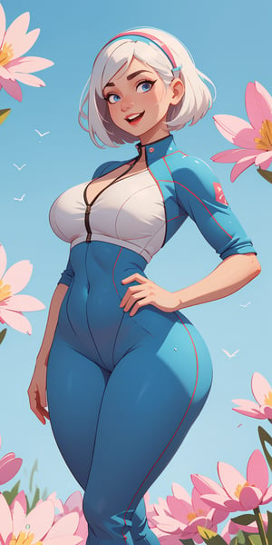 ((1 girl, adorable, happy)), ((spring summer style  jumpsuit)), (hairband, white hair, short hair, blue eyes, makeup), (large breasts, large ass, thick thighs, wide hips, abs, voloptuous), More Detail, dynamic pose 