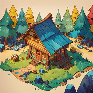 masterpiece,(best quality:1.3),beautiful lightning, vibrant colour, ((isometric view)),  little village, Wooden house in the forest, crude watercolour painting,  big brushstrokes, 6 colours, cartoon, Isometric_Setting, house cover, 欧美卡通,Isometric_Setting