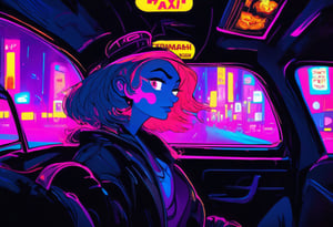 Woman inside a taxi cab, looking out of the window.  driving through a neon light city, night scene