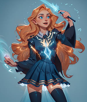 1girl, (caucasian skin), (( 20 years old)), cowboy shot, expressive pose, visualizer, spell expect patronum: translucent liger consisting of blue light, hogwarts student, in left hand magic stick with magical lights, (straight_hair, (very_long_hair:1.5), Light ginger hair), realistic blue eyes, smiling, long black wizard's magic cape with wide sleeves, pleated school black skirt, white shirt with tie, perfect body, perfect hips, perfect breasts, perfect ass, perfect makeup, sensual facial expression, cyan magic edge glow, leg_spread, full_body, perfect legs, perfect hands, perfect hair,SAM YANG
