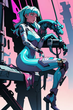 (best quality, masterpiece), 1girl, cyberpunk, mechanic, hime cut, high contrast, bodysuit, leaning back, pose, cyborg,More Detail