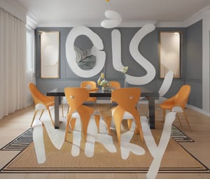 Dining room, modern black and white mat under the table, large rectangle wooden table, six high back elegant chairs,  ((same chairs)), 4 led lights on roof,art_deco_fusion, elegant pictures on the wall,interior, pearly color walls. vibrant colors